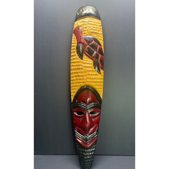 Vintage Cayman Island Wooden Carved Wall Decor Mask with Turtle 23.5" Tall - Picture 3 of 6